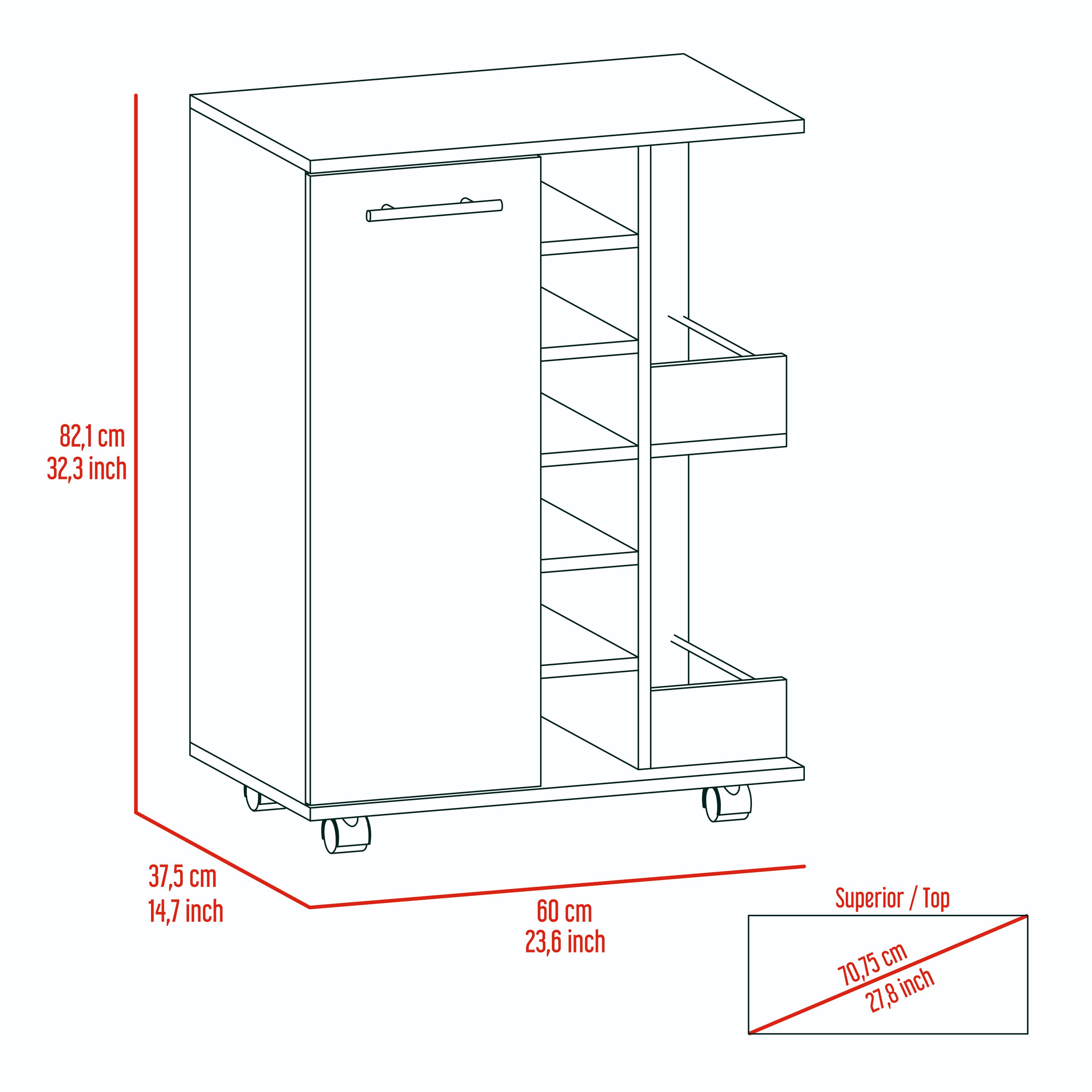 Bar Cart, Two External Shelves, Four Casters, Six Built-in Wine Rack, Single Door Cabinet -Light Gray